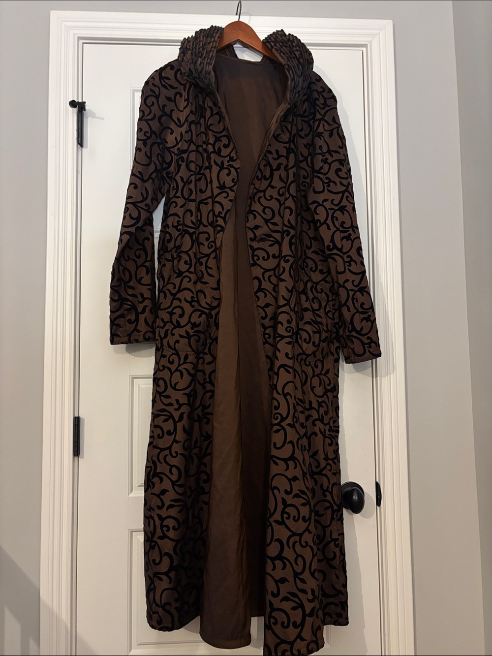 Mycra Pac Brown Hooded Long Coat with Black Flocked Swirl Pattern